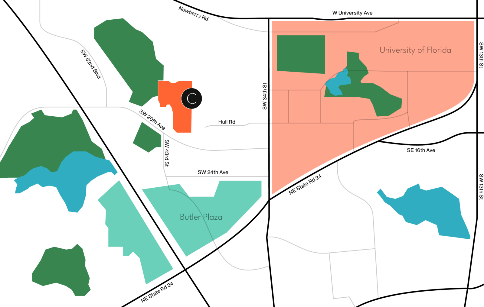 map with canopy, butler plaza & university of florida